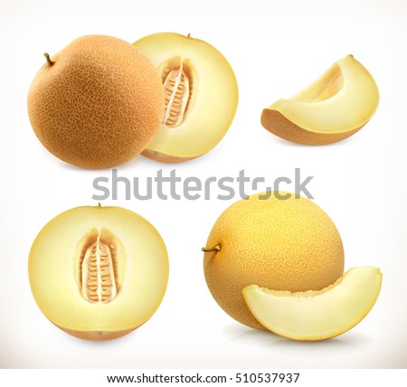 Melon. Whole and pieces. Sweet fruit. 3d vector icons set. Realistic illustration Melon. Whole and pieces. Sweet fruit. 3d vector icons set. Realistic illustration