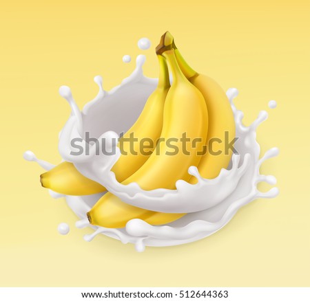 Banana and milk splash. Fruit and yogurt. Realistic illustration. 3d vector icon Banana and milk splash. Fruit and yogurt. Realistic illustration. 3d vector icon