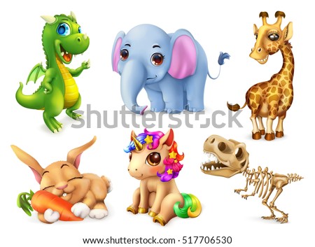 Funny animal set. Happy bunny, rabbit, cute unicorn, small dragon, baby elephant, giraffe, dinosaur. 3d vector icon Funny animal set. Happy bunny, rabbit, cute unicorn, small dragon, baby elephant, giraffe, dinosaur. 3d vector icon