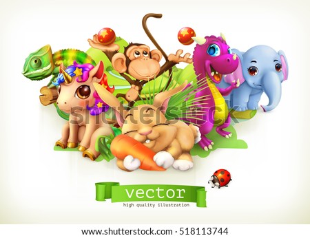 Fairy tale animals. Happy bunny, rabbit, cute unicorn, small dragon, baby elephant, monkey, chameleon. 3d vector Fairy tale animals. Happy bunny, rabbit, cute unicorn, small dragon, baby elephant, monkey, chameleon. 3d vector