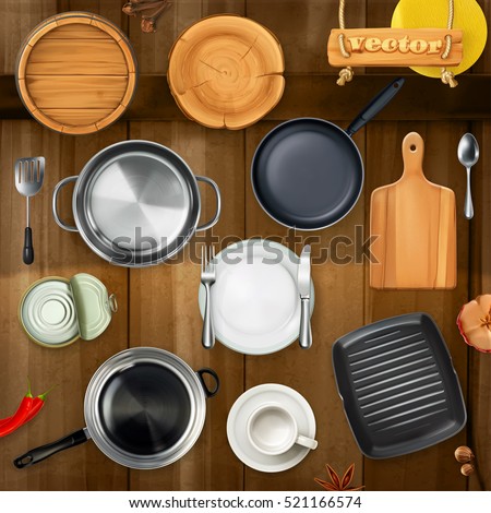 Kitchen utensils. Pots, pans, plates. Top view 3d vector object set Kitchen utensils. Pots, pans, plates. Top view 3d vector object set
