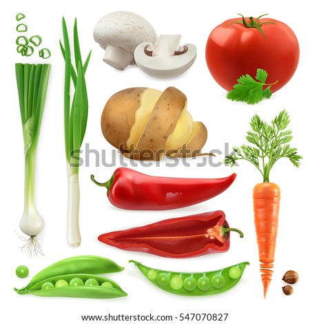 Realistic vegetables. Potato, tomato, green onions, peppers, carrot and pea pod. Isolated 3d vector icon set Realistic vegetables. Potato, tomato, green onions, peppers, carrot and pea pod. Isolated 3d vector icon set