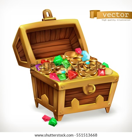 Treasure chest. Gems and gold coins, 3d vector icon Treasure chest. Gems and gold coins, 3d vector icon