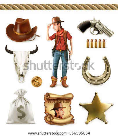 Cowboy cartoon character and objects. Western adventure 3d vector icon set Cowboy cartoon character and objects. Western adventure 3d vector icon set