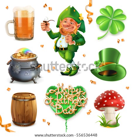 Feast of Saint Patrick. Leprechaun, beer and clover, 3d vector icon set Feast of Saint Patrick. Leprechaun, beer and clover, 3d vector icon set