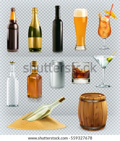 Bottles and glasses, alcohol drink 3d vector icons set Bottles and glasses, alcohol drink 3d vector icons set