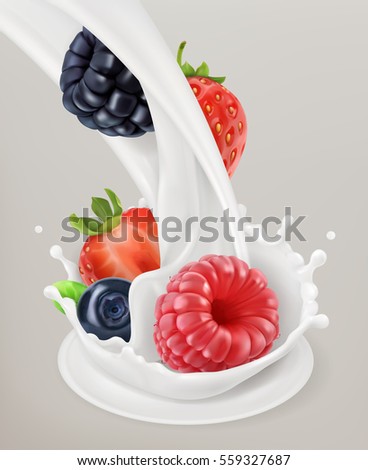 Milk splash and berry 3d vector object. Natural dairy products Milk splash and berry 3d vector object. Natural dairy products