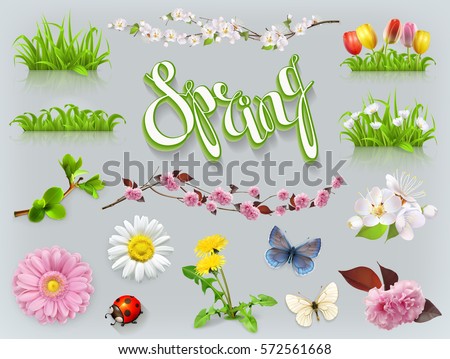 Spring set. Grass and flowers 3d vector icon Spring set. Grass and flowers 3d vector icon