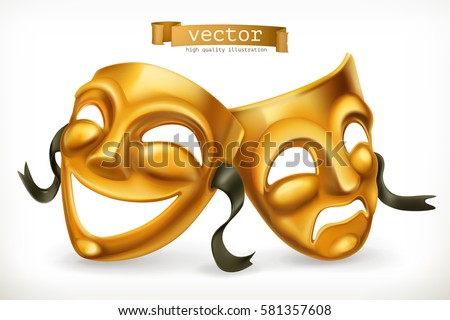 Gold theatrical masks. Comedy and tragedy, 3d vector icon. Gold theatrical masks. Comedy and tragedy, 3d vector icon.