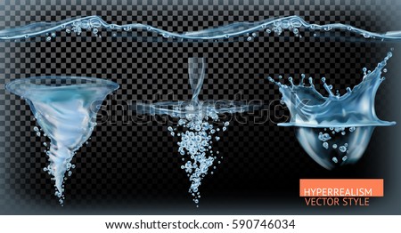 Water splash with transparency. Hyperrealism vector set Water splash with transparency. Hyperrealism vector set