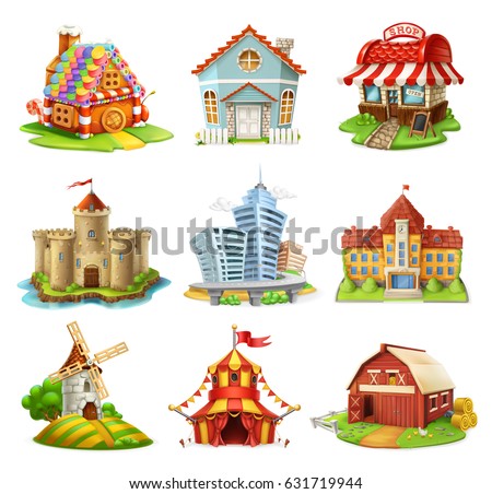 Houses and castles. Buildings 3d vector icons set Houses and castles. Buildings 3d vector icons set