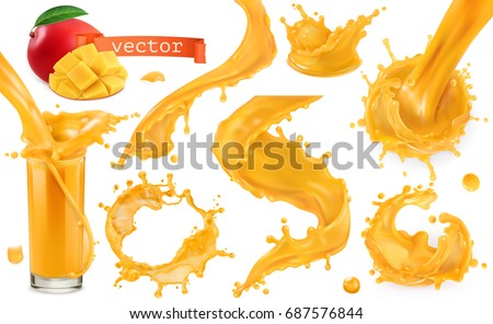 Orange paint splash. Mango, pineapple, papaya juice. 3d realistic vector icon set Orange paint splash. Mango, pineapple, papaya juice. 3d realistic vector icon set