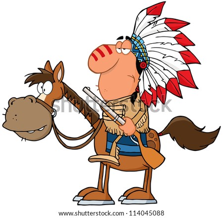 Indian Chief With Gun On Horse. Vector Illustration - stock vector