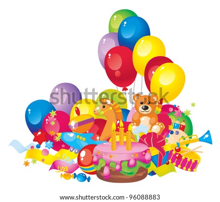 Children's birthday: toys, birthday cake, balloons and gift boxes ...