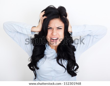 Frustrated woman cry mouth open angry scream hold hands head upset, concept of young girl pain, stress and problems, female depressed  - stock photo
