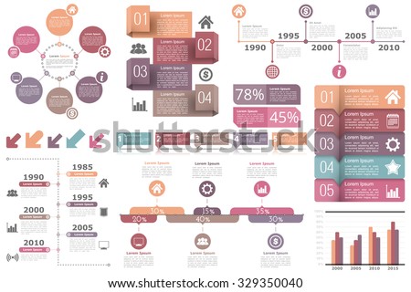Set of infographic elements - circle diagram, timelines, arrows, diagram with percents, bar graph, objects with numbers (steps or options) and text, vector eps10 illustration - stock vector Set of infographic elements - circle diagram, timelines, arrows, diagram with percents, bar graph, objects with numbers (steps or options) and text, vector eps10 illustration - stock vector
