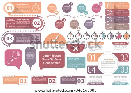 Infographic elements - Timeline, objects with text and numbers or steps or options, timers, circle diagram, percents chart, vector eps10 illustration - stock vector Infographic elements - Timeline, objects with text and numbers or steps or options, timers, circle diagram, percents chart, vector eps10 illustration - stock vector
