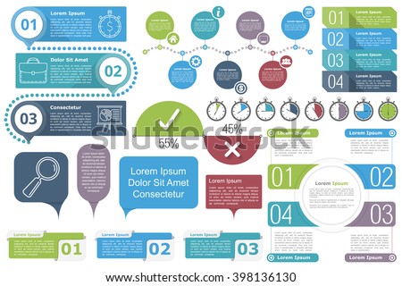 Infographic elements - Timeline, objects with text and numbers or steps or options, timers, circle diagram, percents chart, vector eps10 illustration - stock vector Infographic elements - Timeline, objects with text and numbers or steps or options, timers, circle diagram, percents chart, vector eps10 illustration - stock vector