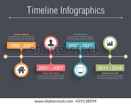 Horionztal timeline infographics template with dates, icons and text, vector eps10 illustration - stock vector Horionztal timeline infographics template with dates, icons and text, vector eps10 illustration - stock vector