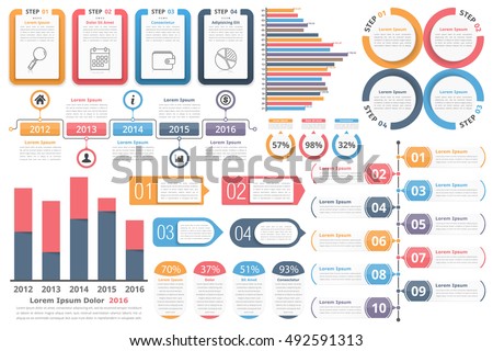 Infographic elements - objects with numbers and text, bar graphs, circle diagram, timeline, objects with percents and text, process diagram, vector eps10 illustration Infographic elements - objects with numbers and text, bar graphs, circle diagram, timeline, objects with percents and text, process diagram, vector eps10 illustration