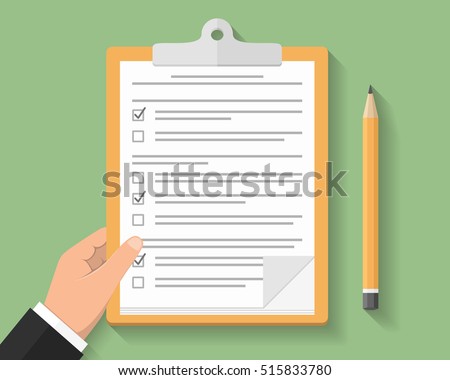 Hand with clipboard, survey or test concept, clipboard with documents with check boxes and pencil, flat design, vector eps10 illustration Hand with clipboard, survey or test concept, clipboard with documents with check boxes and pencil, flat design, vector eps10 illustration