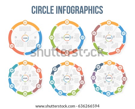 Circle infographic templates with 3, 4, 5, 6, 7 and 8 elements, steps or options, workflow or process diagram, data vizualization, vector eps10 illustration Circle infographic templates with 3, 4, 5, 6, 7 and 8 elements, steps or options, workflow or process diagram, data vizualization, vector eps10 illustration