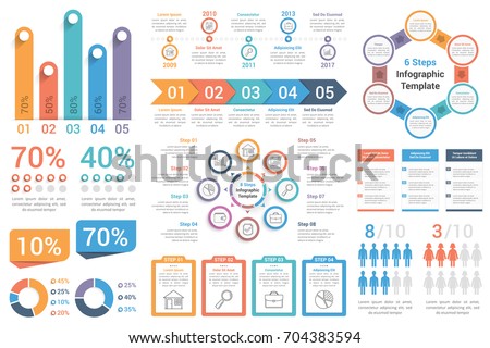 Set of most useful infographic elements - bar graphs, human infographics, pie charts, steps and options, workflow, percents, circle diagrams, timeline, vector eps10 illustration Set of most useful infographic elements - bar graphs, human infographics, pie charts, steps and options, workflow, percents, circle diagrams, timeline, vector eps10 illustration