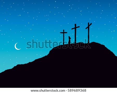 Three historic jew old holy tomb roods. Traditional lent crucified bible scene on dark blue backdrop. Black ink hand drawn picture in art retro graphic style with space for text on nighttime heaven Three historic jew old holy tomb roods. Traditional lent crucified bible scene on dark blue backdrop. Black ink hand drawn picture in art retro graphic style with space for text on nighttime heaven