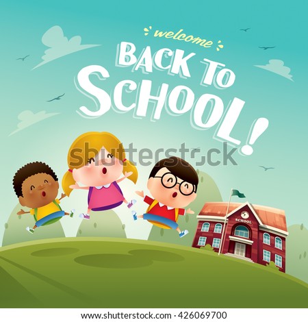 Welcome back to school! Cute school kids. - stock vector Welcome back to school! Cute school kids. - stock vector