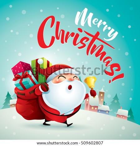 Merry Christmas! Santa Claus in Christmas snow scene. Christmas greeting card. Merry Christmas! Santa Claus in Christmas snow scene. Christmas greeting card.