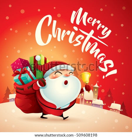 Merry Christmas! Santa Claus in Christmas snow scene. Christmas greeting card. Merry Christmas! Santa Claus in Christmas snow scene. Christmas greeting card.