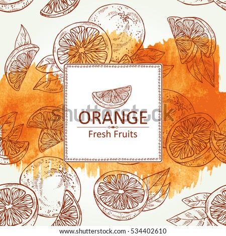 Watercolor background with orange and orange slice. hand drawn Watercolor background with orange and orange slice. hand drawn