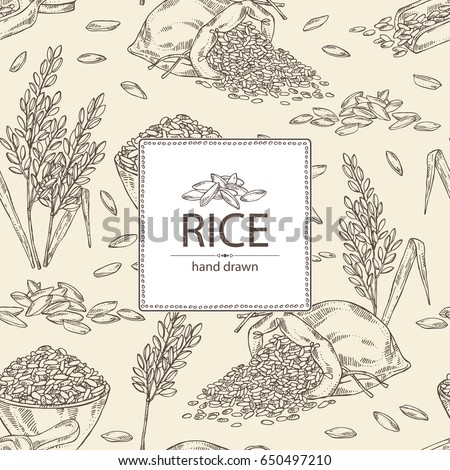 Background with rice, plate with rice and bag of rice. Vector hand drawn illustration Background with rice, plate with rice and bag of rice. Vector hand drawn illustration