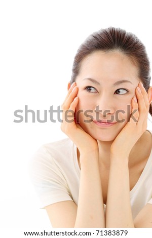 Portrait of a beautiful japanese woman on white background - stock 