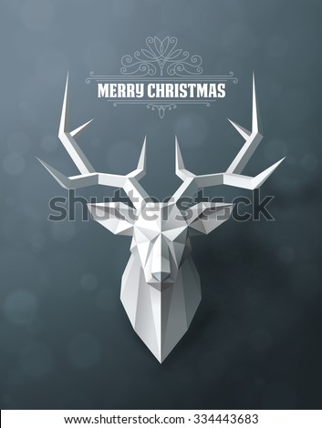 Christmas and New Years red background with Triangular Paper deer head. - stock vector Christmas and New Years red background with Triangular Paper deer head. - stock vector