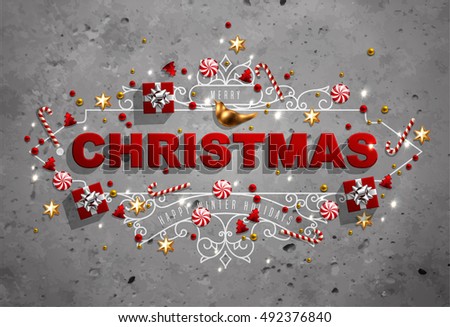 Christmas frame with Christmas Typographic composition decorated with sweets, gift boxes, candy canes, glass beads and Christmas tree's Glass Decorations. Christmas frame with Christmas Typographic composition decorated with sweets, gift boxes, candy canes, glass beads and Christmas tree's Glass Decorations.