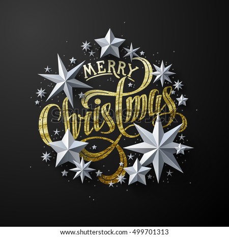 Calligraphic "Merry Christmas" Gold Lettering Decorated with White Paper Stars. Christmas Greeting Card Calligraphic "Merry Christmas" Gold Lettering Decorated with White Paper Stars. Christmas Greeting Card