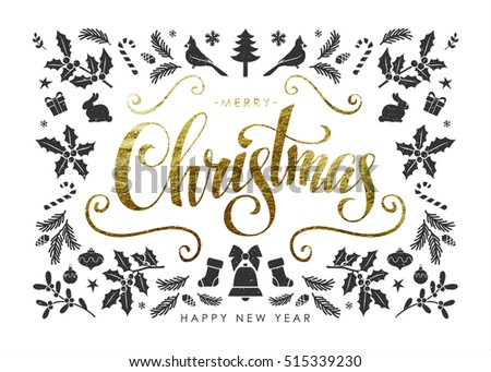 Christmas Postcard with Christmas Elements and Handwritten Gold Foil Calligraphic "Merry Christmas" Inscription Christmas Postcard with Christmas Elements and Handwritten Gold Foil Calligraphic "Merry Christmas" Inscription