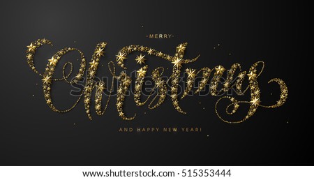 Chic and Luxury Calligraphic "Merry Christmas" Inscription made of Gold Stars and Beads on Black Background. Chic and Luxury Calligraphic "Merry Christmas" Inscription made of Gold Stars and Beads on Black Background.