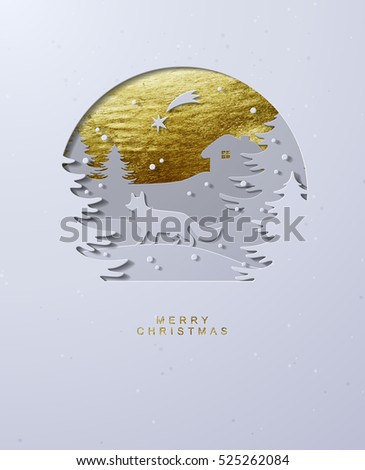 Layered cut out paper Christmas postcard with Winter Landscape, Fox, Cozy House and Shooting Star on Gold Foil Background. Layered cut out paper Christmas postcard with Winter Landscape, Fox, Cozy House and Shooting Star on Gold Foil Background.