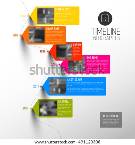 Vector colorful Infographic typographic timeline report template with the biggest milestones, photos, years and description - vertical version Vector colorful Infographic typographic timeline report template with the biggest milestones, photos, years and description - vertical version