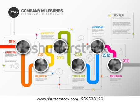 Vector Infographic Company Milestones Timeline Template with circle photo placeholders on colorful line Vector Infographic Company Milestones Timeline Template with circle photo placeholders on colorful line