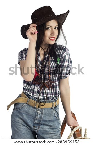 Portrait Of A Cute Girl In A Cowboy Hat Closeup - Stock Photo