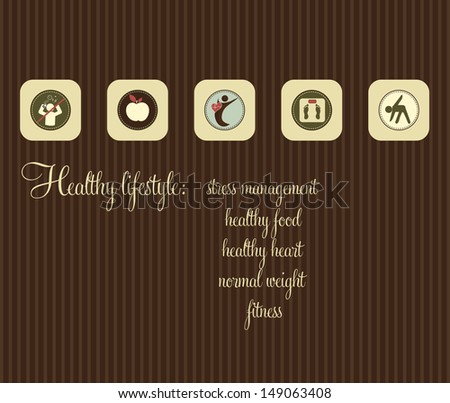 Healthy lifestyle symbol collection. Healthy food, stress management ...