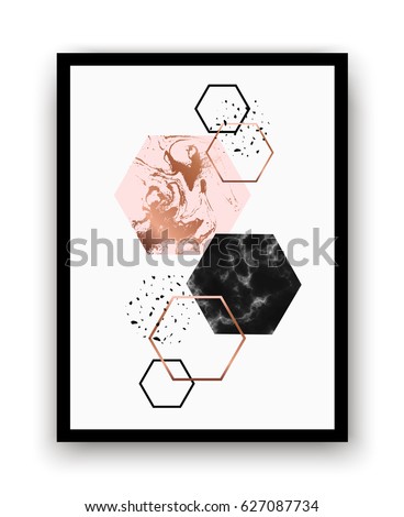 Modern background with marble, copper hexagons. Geometric print for your card, template, brochure. Trendy poster for textile, fabric, web, wallpaper, poster, home design, office design. Modern background with marble, copper hexagons. Geometric print for your card, template, brochure. Trendy poster for textile, fabric, web, wallpaper, poster, home design, office design.