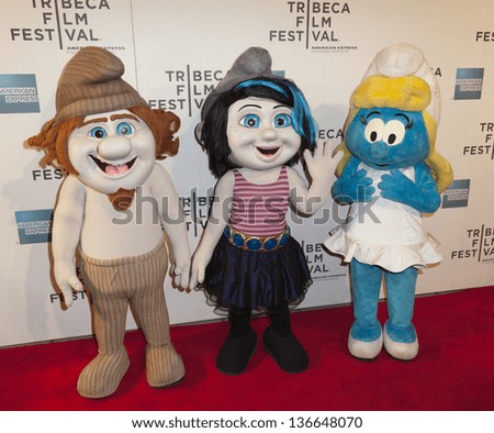 YORK - APRIL 27: Smurf characters Hackus, Vexy, Smurfette from movie