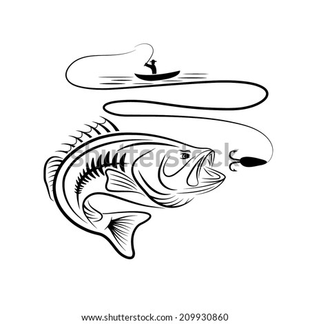 Bass+Boat+Clip+Art illustration of fisherman in a boat and big mouth bass - stock vector