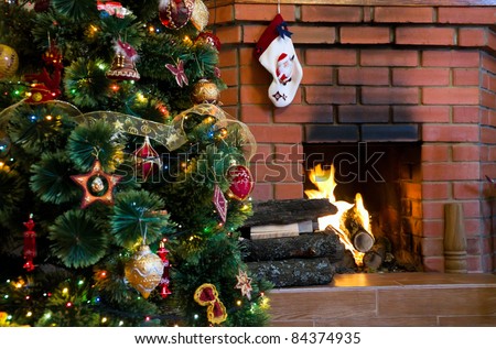 Cosy Christmas at a house fireplace  stock photo