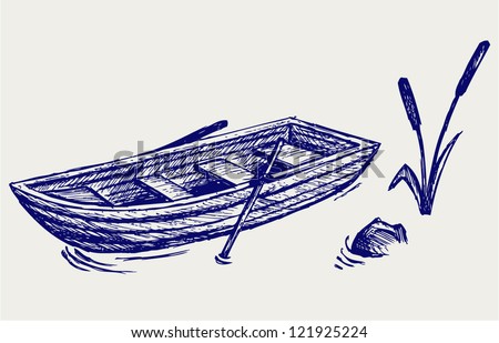 Wooden boat with paddles. Doodle style - stock vector
