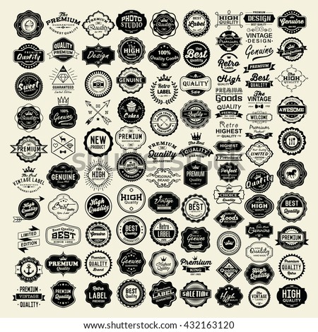 100 Labels and Logotypes design set. Retro Typography, Premium Quality design. Badges, Logos, Borders, Arrows, Ribbons, Icons. - stock vector 100 Labels and Logotypes design set. Retro Typography, Premium Quality design. Badges, Logos, Borders, Arrows, Ribbons, Icons. - stock vector
